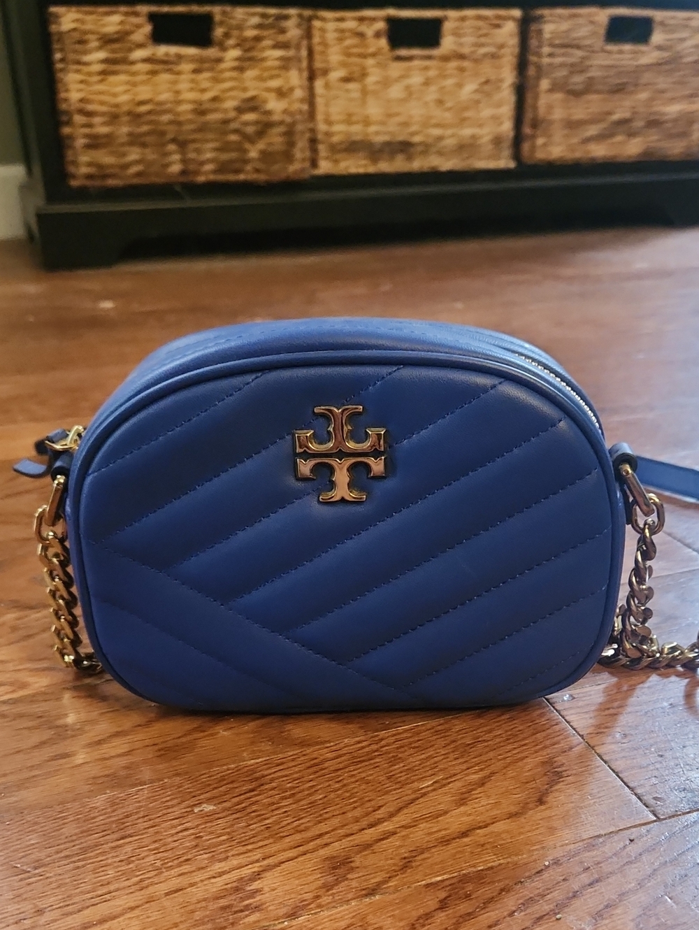 Tory Burch cobalt blue quilted leather crossbody with gold hardware